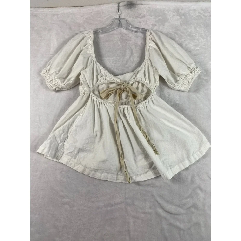 Free People Blouse Top Women Sz S White Milkmaid Cut Out Back Tie Cottage